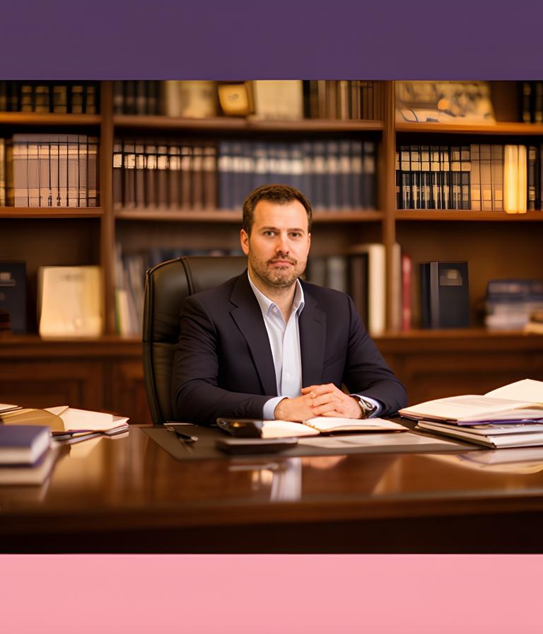 Fondatore dello studio in ufficio con librerie legali e luce calda a Lissone