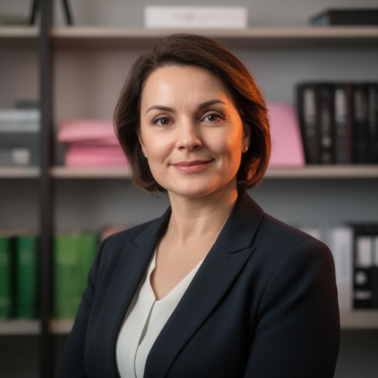 Avvocata Elisa Marchesini in studio con librerie e documenti ordinati